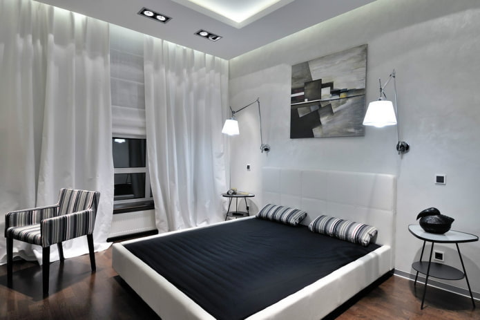 dekors un guļamistabas apgaismojums melnbaltā krāsā