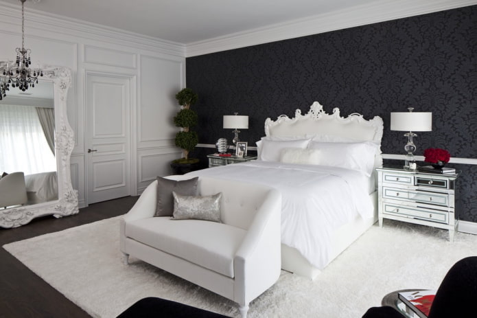 soveværelse møbler i sort og hvidt