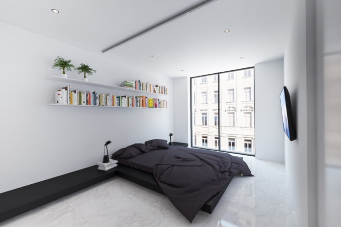 minimalismo interior de dormitorio en blanco y negro