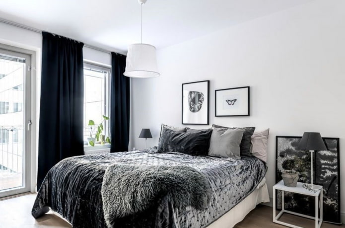 текстил в интериора на спалнята в черно и бяло