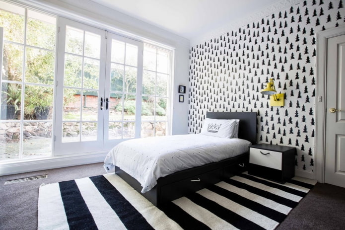 tekstil i soveværelset interiør i sort og hvidt
