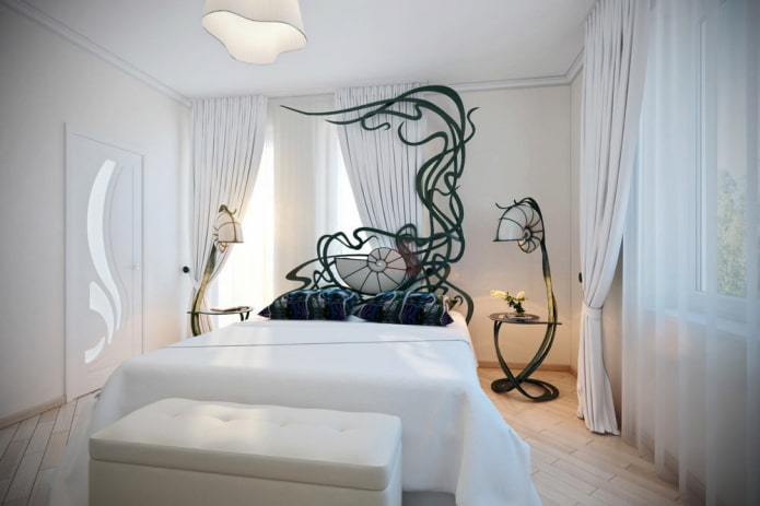 Интериор на спалнята в стил Арт Нуво в черно и бяло