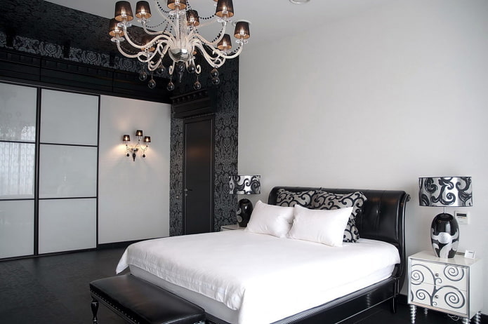 interno camera da letto in bianco e nero in stile art deco