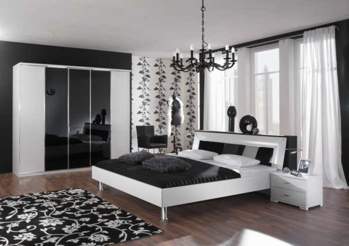 guļamistabas mēbeles melnbaltā krāsā