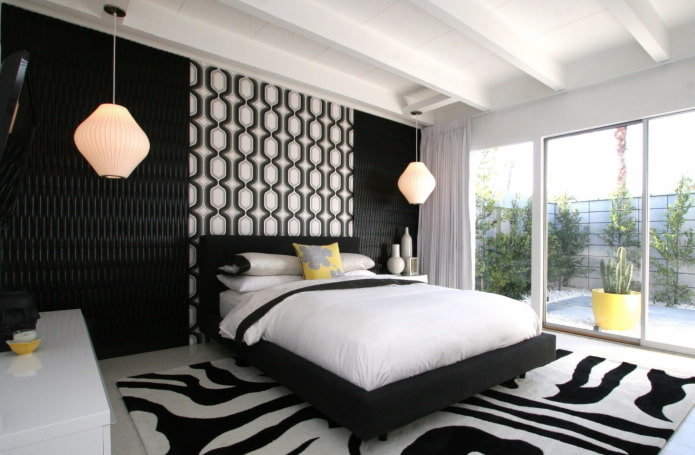 indretning og belysning af soveværelset i sort og hvidt