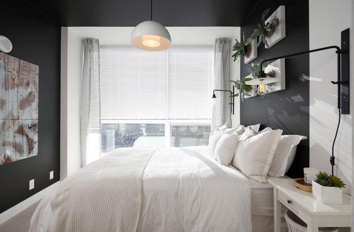 Textil im Schlafzimmer Interieur in schwarz und weiß