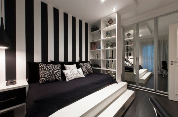 juodai baltas miegamojo interjero dizainas