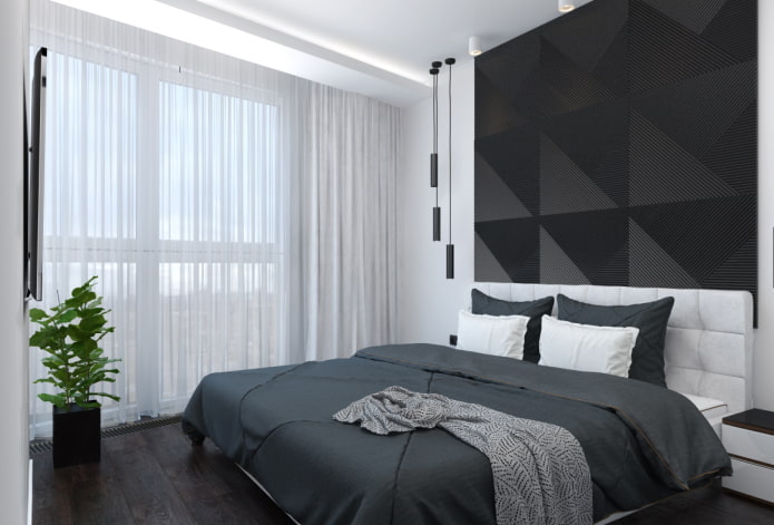 interior de dormitorio blanco y negro en estilo moderno