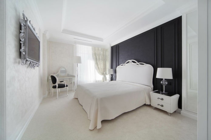 juodai baltas miegamojo interjeras klasikiniu stiliumi