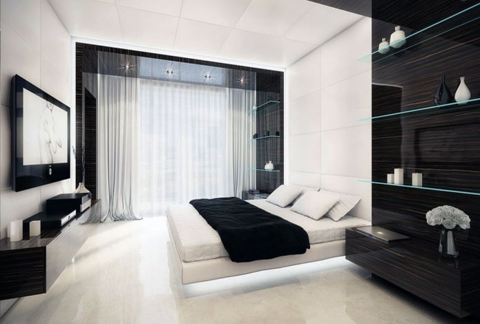 Interior d'un dormitori blanc i negre d'estil d'alta tecnologia