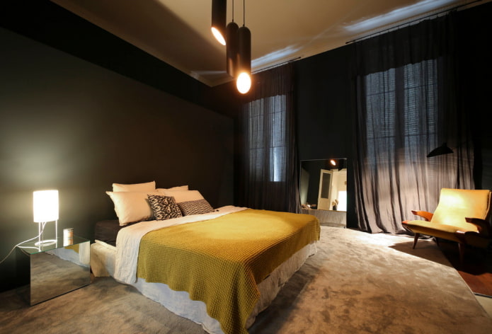 tekstils guļamistabas interjerā melnās krāsās