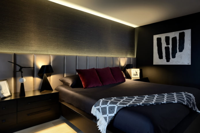 svart dekor och belysning i sovrummet