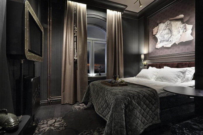 tekstils guļamistabas interjerā melnās krāsās