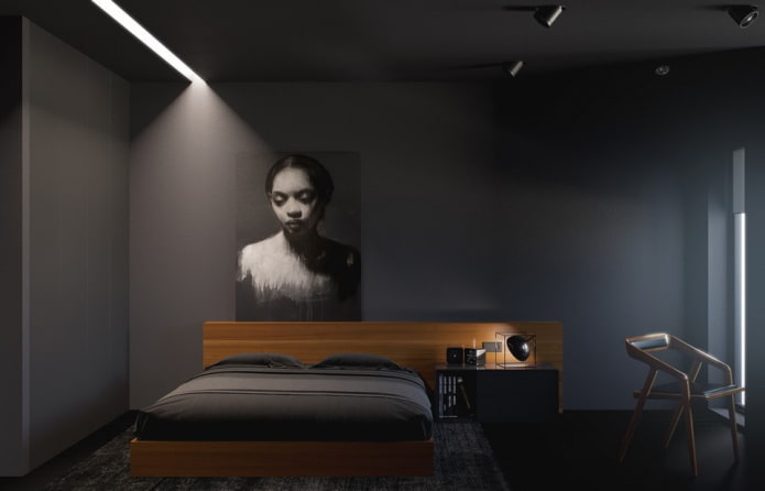 minimalistiska svarta sovrummet