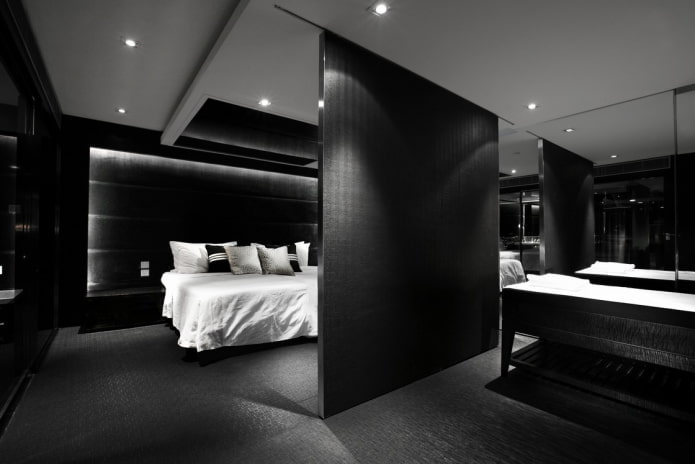 čierna spálňa interiérový dizajn
