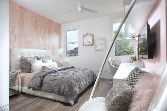 szürke rózsaszín hálószoba belső