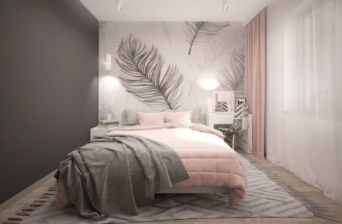 szaro-różowe wnętrze sypialni