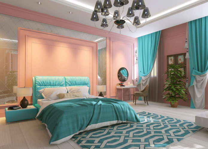 interior de dormitorio rosa y turquesa