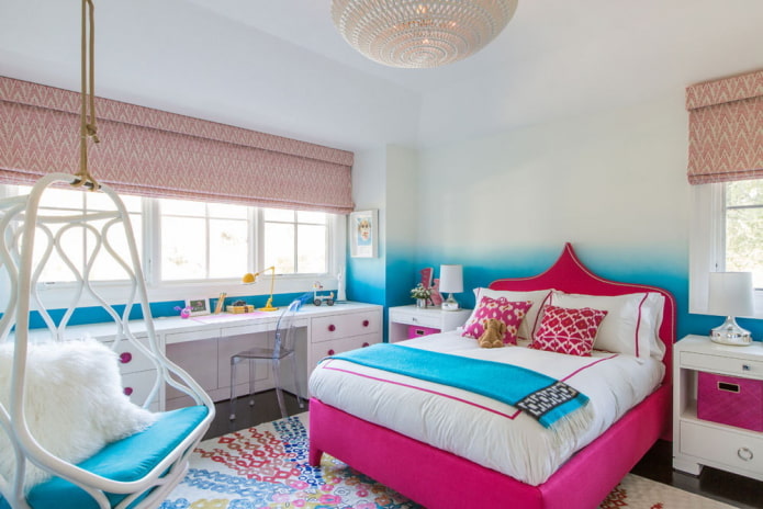 interior de dormitorio rosa y azul