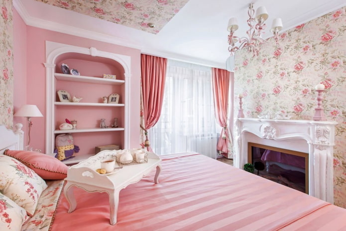 interior de dormitorio rosa y blanco