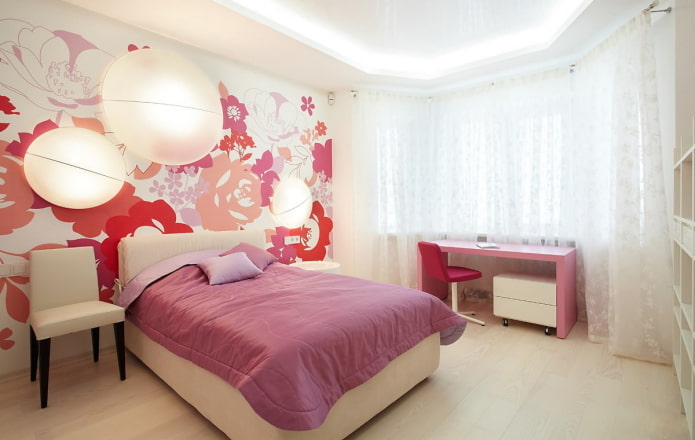 różowe i białe wnętrze sypialni