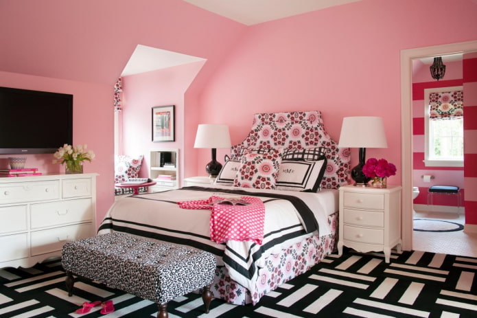 черен и розов интериор на спалнята