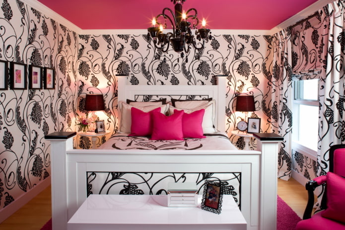 juodos ir rožinės spalvos miegamojo interjeras