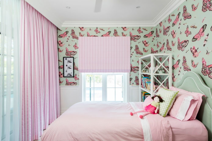 interior de dormitorio de menta rosa