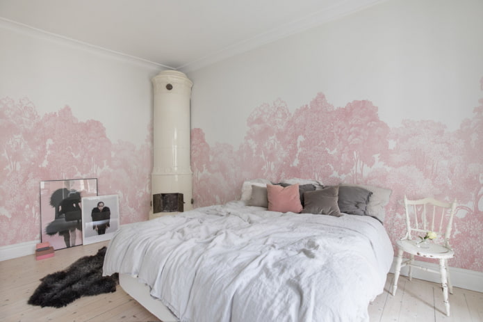 interior de dormitorio rosa y blanco