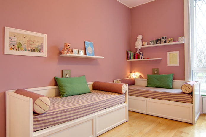 ροζ εσωτερικό υπνοδωμάτιο για δύο κορίτσια