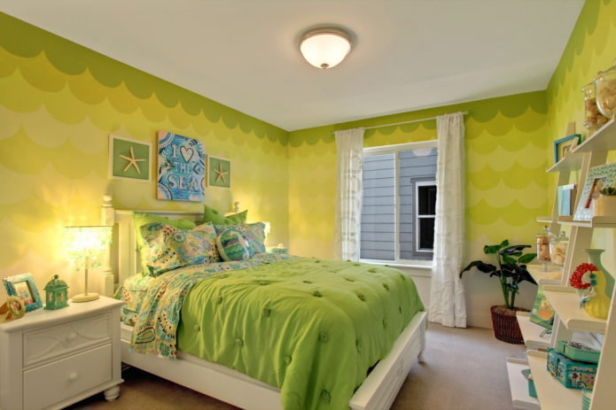 krāsu kombinācija guļamistabas interjerā