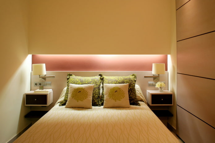 dekor ve sarı tonlarda yatak odası iç aydınlatma
