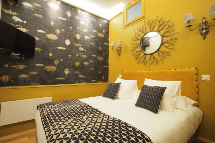 dekoravimas ir apšvietimas miegamojo interjere geltonais tonais