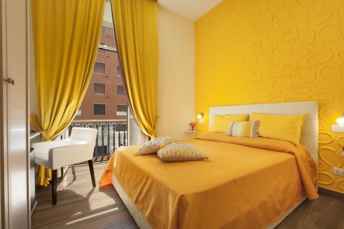 textile design of the bedroom in yellow tones