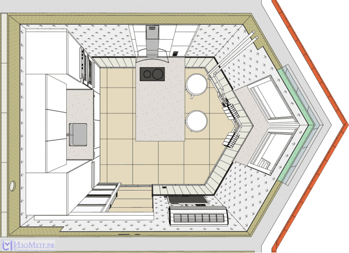 layout da cozinha com uma janela de sacada triangular