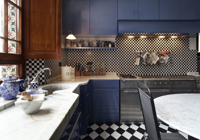 černá a modrá interiér kuchyně
