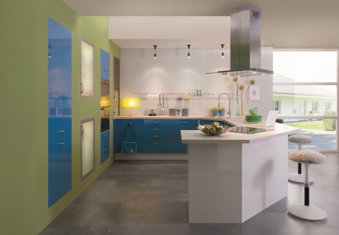 mėlynos ir žalios virtuvės interjeras
