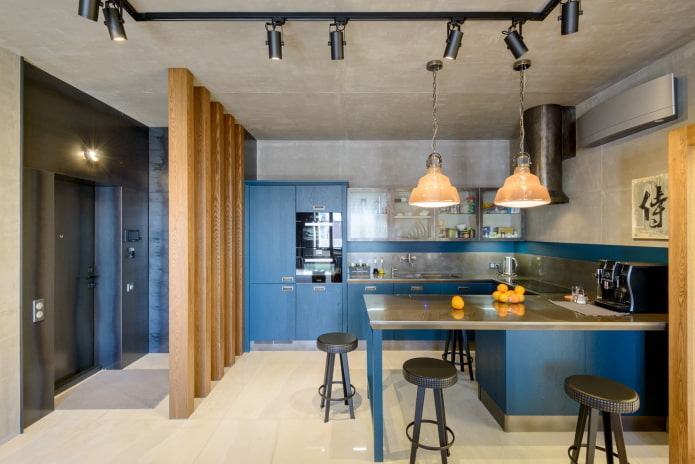 синя кухня в стил лофт