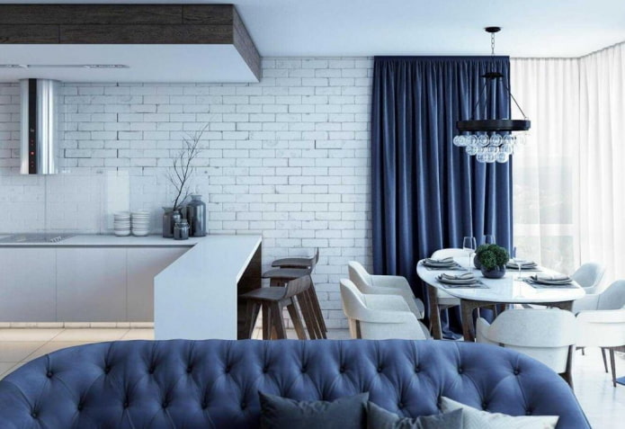 nội thất phòng khách nhà bếp với tông màu xanh