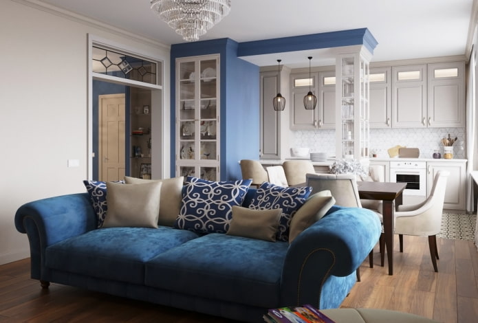 Interiér obývacej izby v modrej farbe