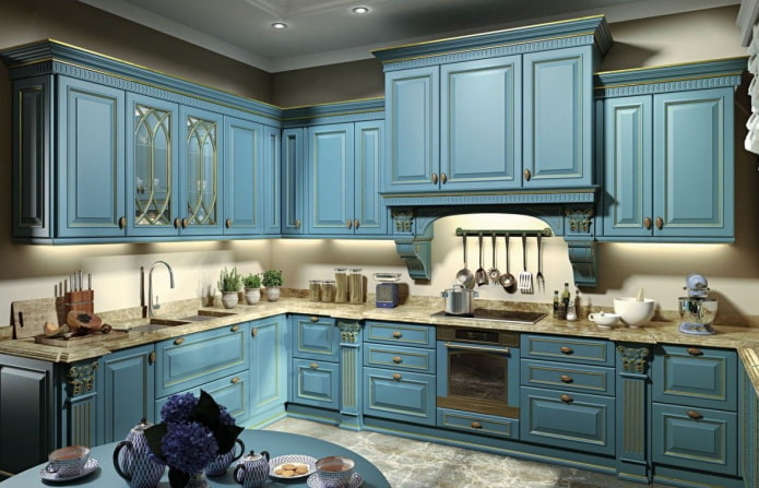 mavi renkli klasik mutfak