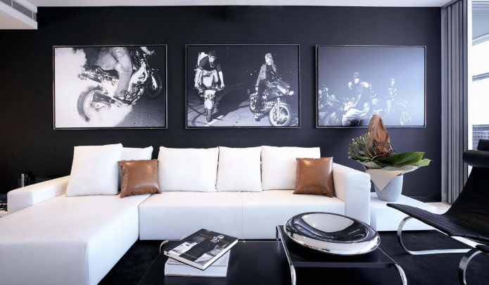 nábytek a textil v obývacím pokoji v černé a bílé