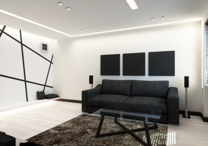 mobili e tessuti nel soggiorno in bianco e nero