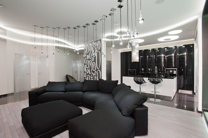 iluminação e decoração na sala de estar em preto e branco