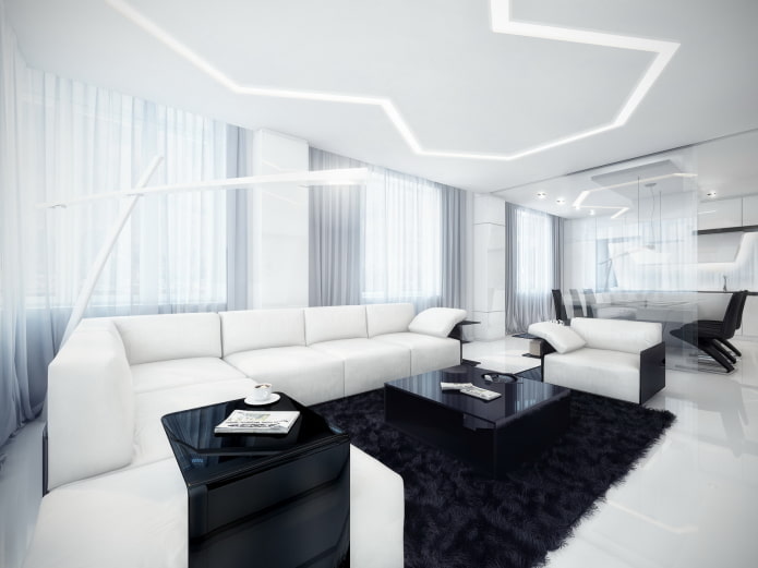 soggiorno high-tech in bianco e nero
