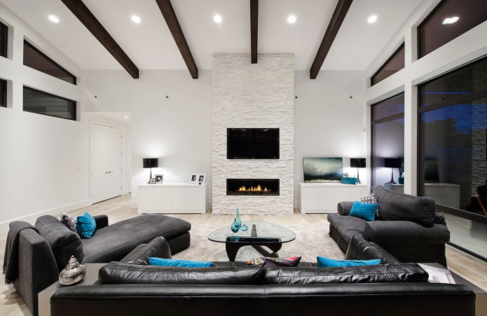 design interiéru obývacího pokoje v černé a bílé
