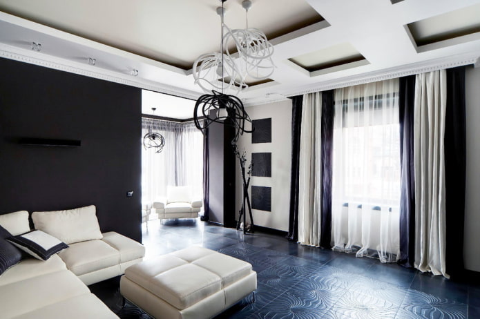 nábytek a textil v obývacím pokoji v černé a bílé