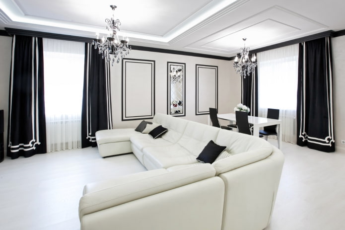 il·luminació i decoració a la sala d'estar en blanc i negre