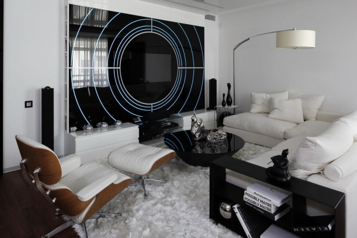 apšvietimas ir dekoras gyvenamajame kambaryje juodai baltas