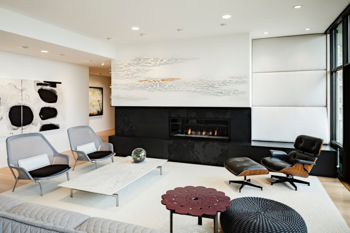 design de interiores de sala de estar em preto e branco